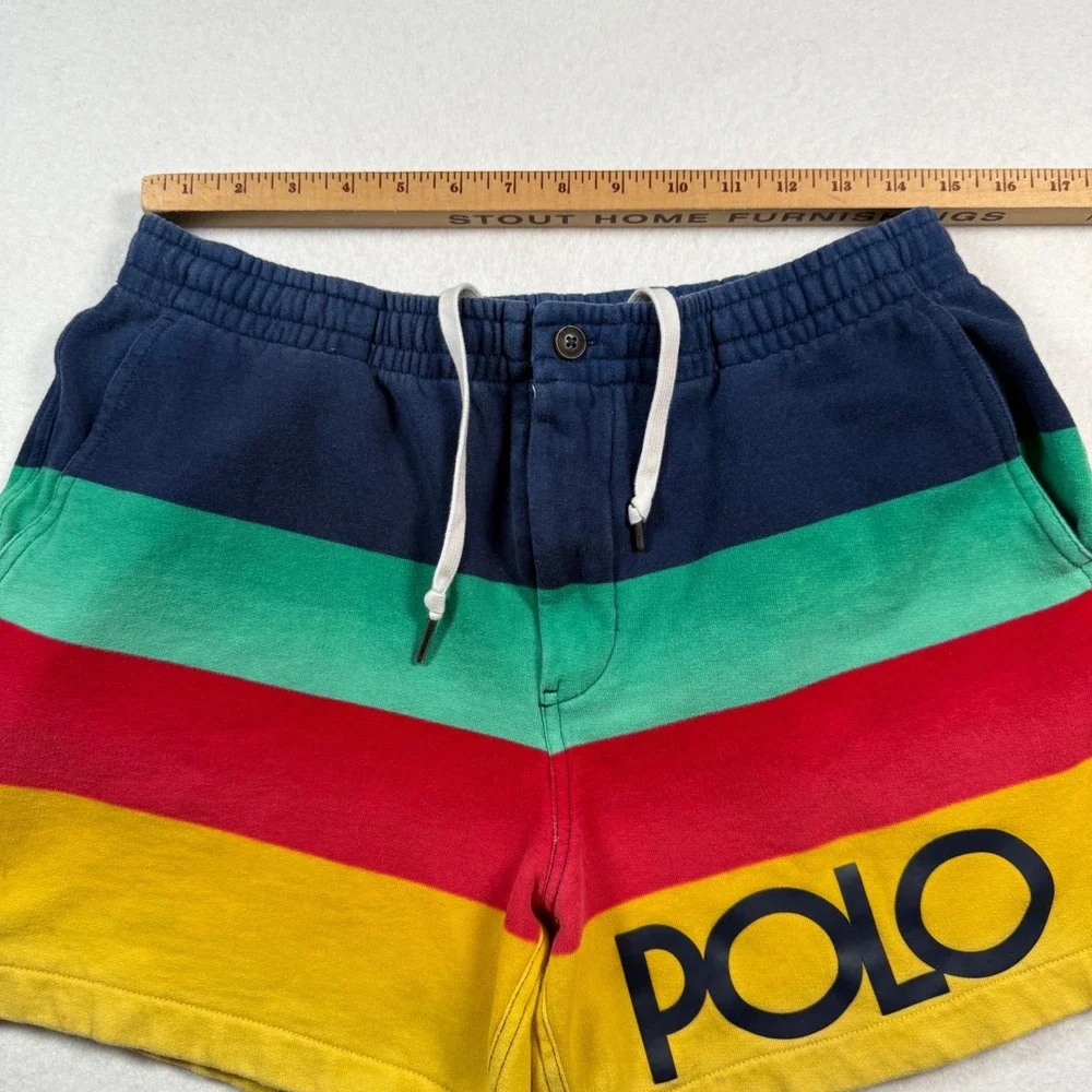 Polo Ralph Lauren Mens Colorblock Striped Fleece Shorts Navy Red Yellow Large